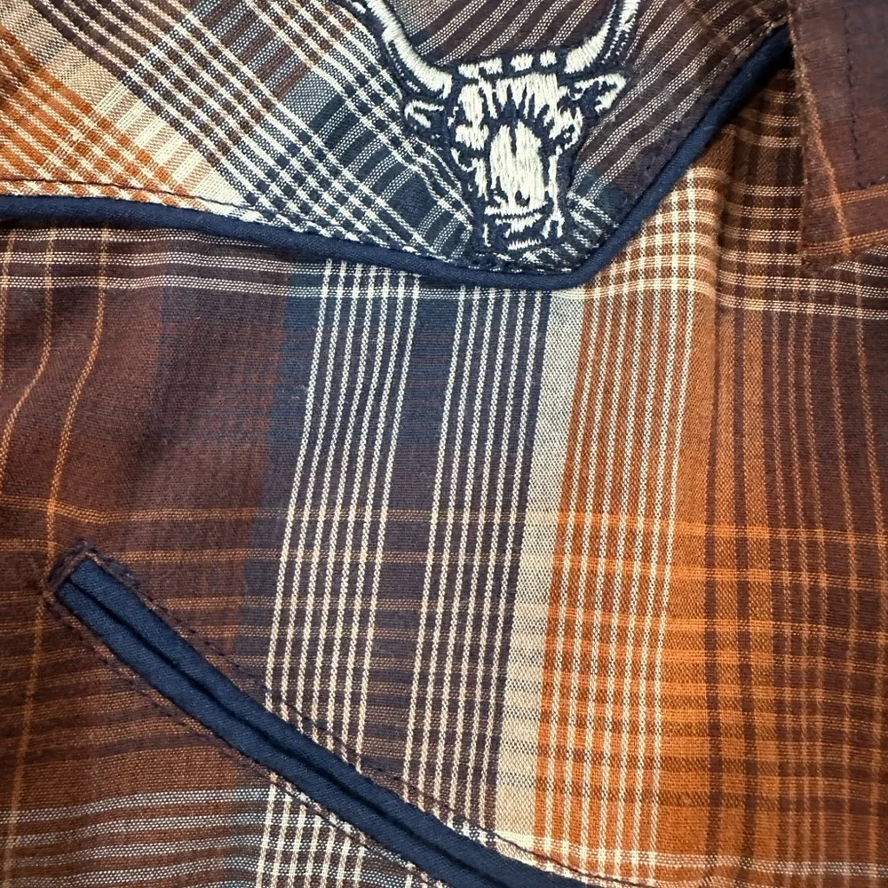 Roper Plaid Button Down Shirt Western Rodeo Festival Bulls Youth Lg